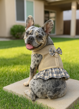Parisian Pet ' Khaki Plaid' Harness Dress for Dogs & Cats – Fashionable and Comfortable Plaid Dog Harness Dress, Adjustable Fit
