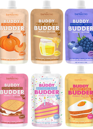 6 Pack BUDDY BUDDER (4oz Squeeze Packs) - 100% all natural dog peanut butter, Made in USA