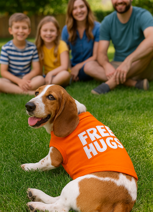 Parisian Pet 'Free Hugs' Embroidered Dog T-Shirt – Trendy Casual Outfit for Small Dogs & Cats, Orange - Valentine's Day