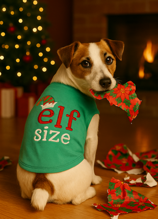 Parisian Pet Embroidered 'Elf Size Shirt' - Holiday Pet Apparel & Christmas Dog Clothes, Green