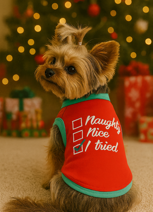 Parisian Pet 'Naughty or Nice' Dog Christmas T-Shirt - Festive Pet Holiday Shirt for Dogs & Cats, Red