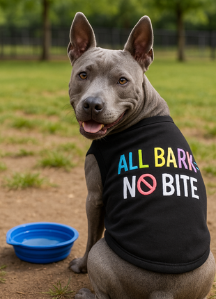 Parisian Pet 'All Bark No Bite' Embroidered Dog T-Shirt – Funny Slogan Pet Apparel for Dogs & Cats, Black