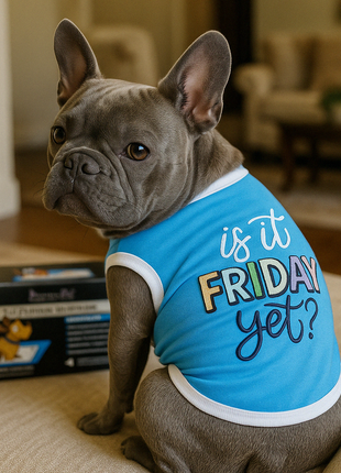 Parisian Pet 'Is It Friday Yet?' Embroidered Dog T-Shirt – Trendy Weekend Dog Apparel for Dogs & Cats, Light Blue