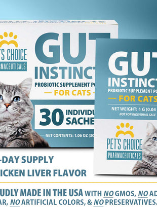 Pet’s Choice Gut Instincts Probiotic Supplement for Cats, Digestive & Immune Support, 30 Powder Packets, Made in USA