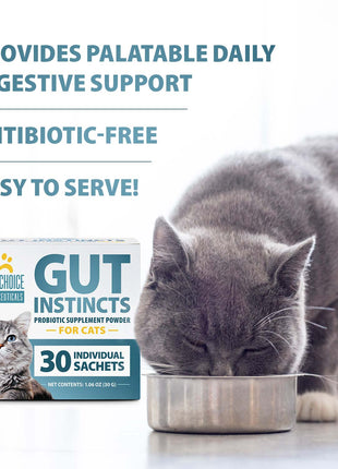 Pet’s Choice Gut Instincts Probiotic Supplement for Cats, Digestive & Immune Support, 30 Powder Packets, Made in USA