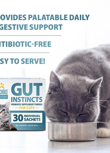 Pet’s Choice Gut Instincts Probiotic Supplement for Cats, Digestive & Immune Support, 30 Powder Packets, Made in USA