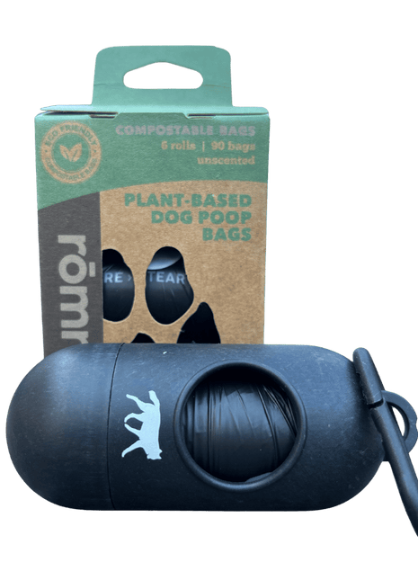 compostable plant-based dog poop bags + bamboo dispenser