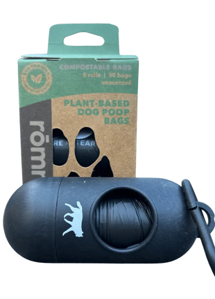 compostable plant-based dog poop bags + bamboo dispenser