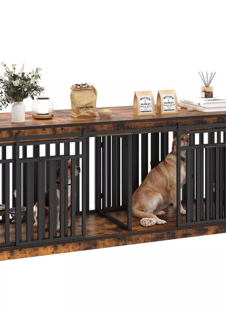 70.9" Ray Double Dog Crate Furniture For 2 Dogs With Bowl