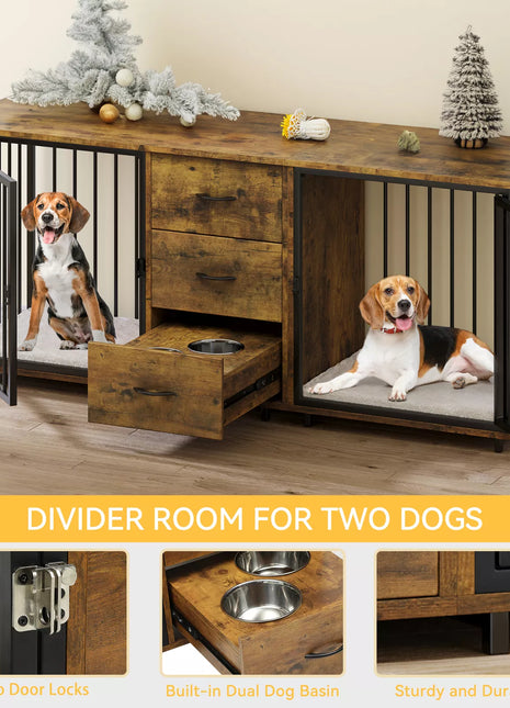 74.4" Evan Double Dog Crate Furniture For 2 Dogs