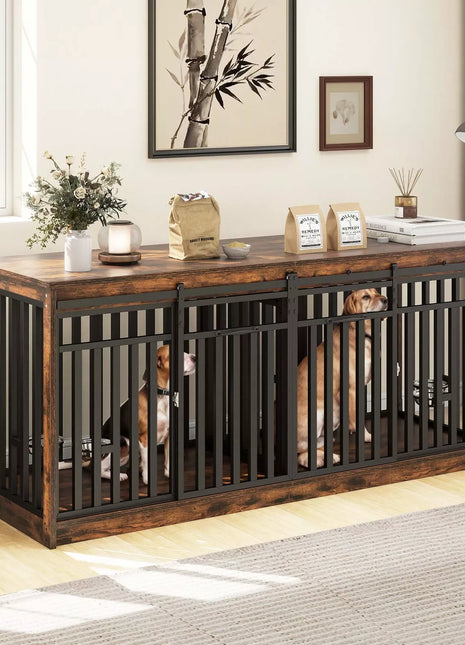70.9" Ray Double Dog Crate Furniture For 2 Dogs With Bowl
