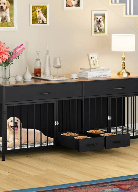 74.8" Lilli Double Dog Crate Furniture For 2 Dogs With Bowl