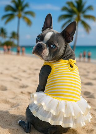Parisian Pet 'Ballerina Dress' for Dogs and Cats, Comfortable Sleeveless, Yellow with White Stripes