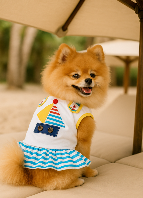 Parisian Pet 'Boat Dress' for Dogs and Cats, Designer Dog Dress, Tropical Apparel, Yellow Blue Red White